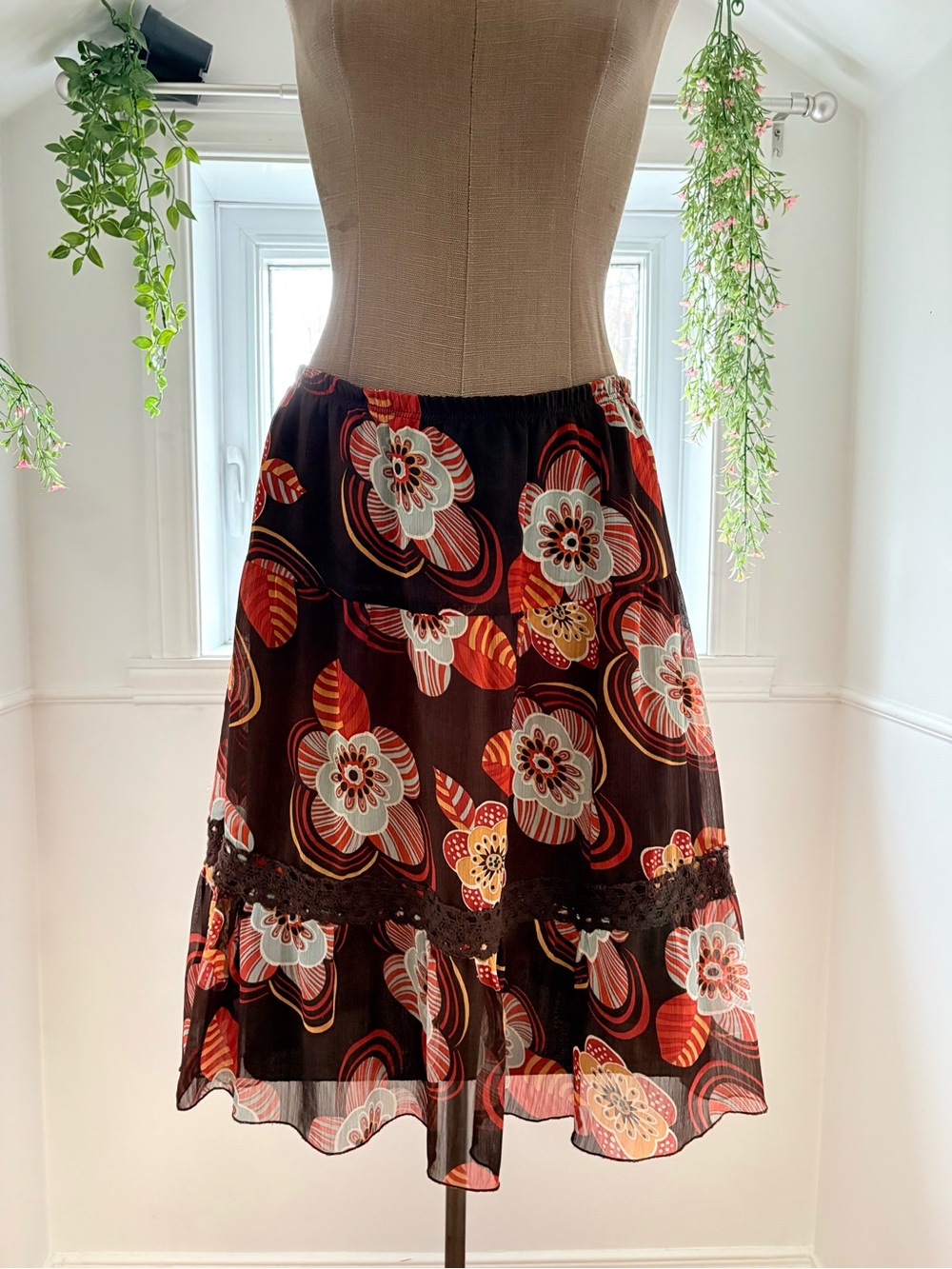 Jessica Brown Midi Skirt with Orange, Blue and Cream Floral Print
